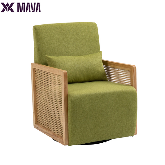 MAVA Swivel Barrel Chair, Modern Linen Accent Chair with Rattan Armrest, Upholstered Comfy Swivel Accent Chair