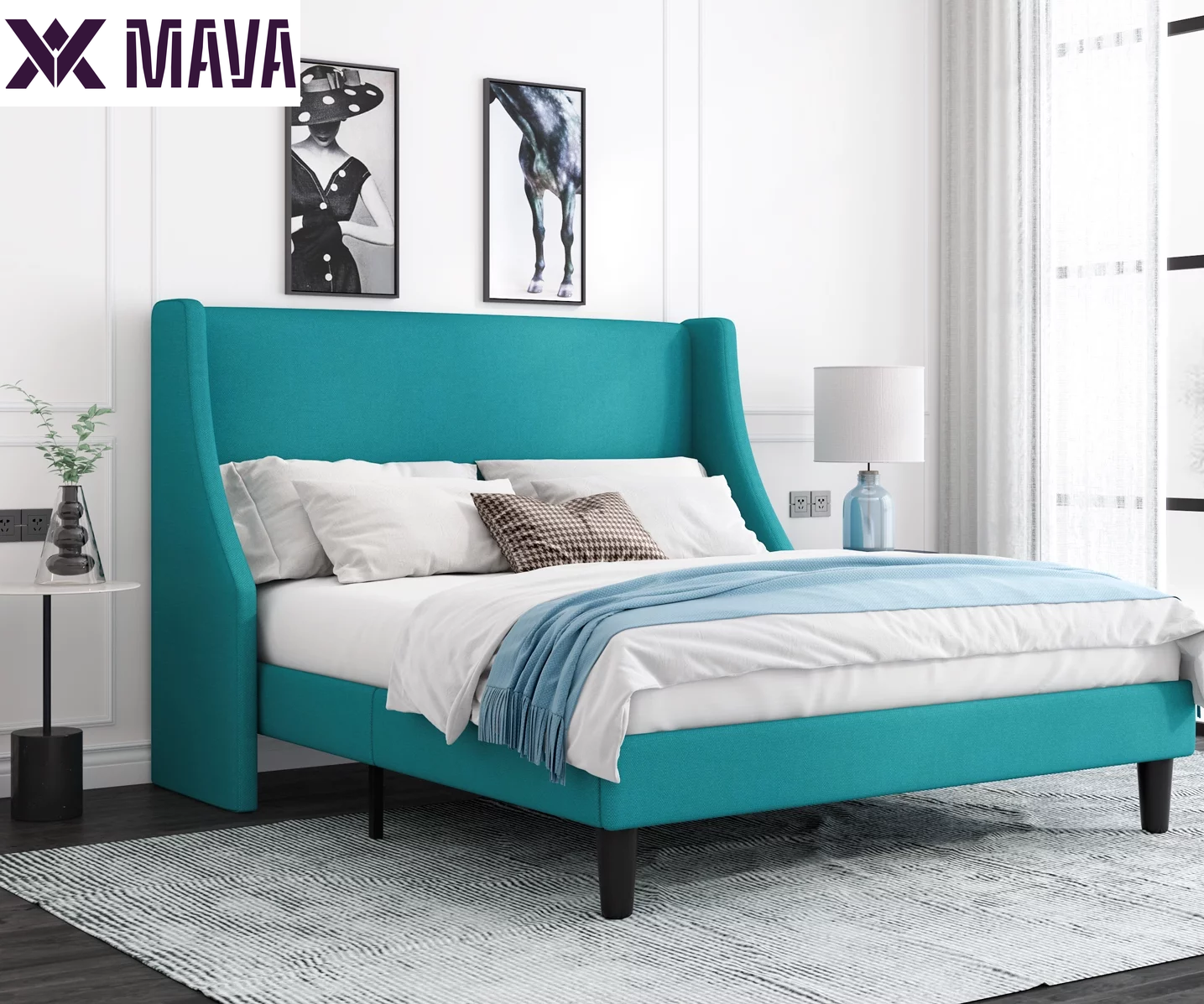 MAVA Queen Size Fabric Upholstered Platform Bed Frame with Wingback Headboard, Light Grey