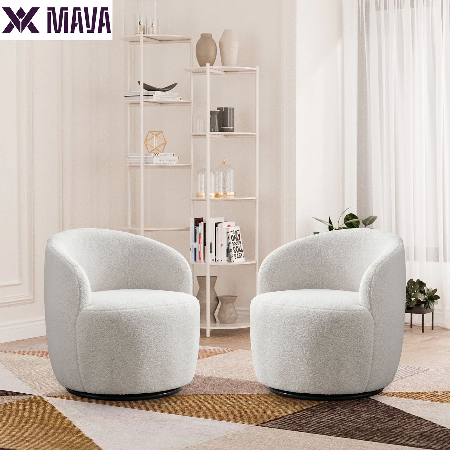 MAVA Swivel Barrel Chair Set of 2, Upholstered Boucle Swivel Accent Chair, Comfy Sherpa Swivel Lounge Chair, Modern 360 Swivel Arm Chair Reading Chair for Living Room Bedroom Club, Ivory Chenille