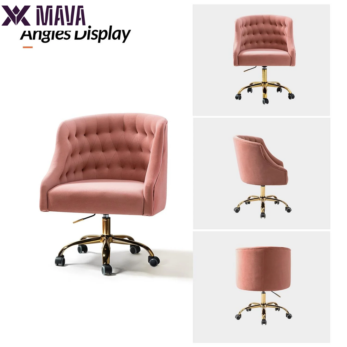 MAVA Modern Home Task Chair Swivel Rolling Computer Velvet Fabric Gold Legs Makeup Vanity Chairs Adult Pink