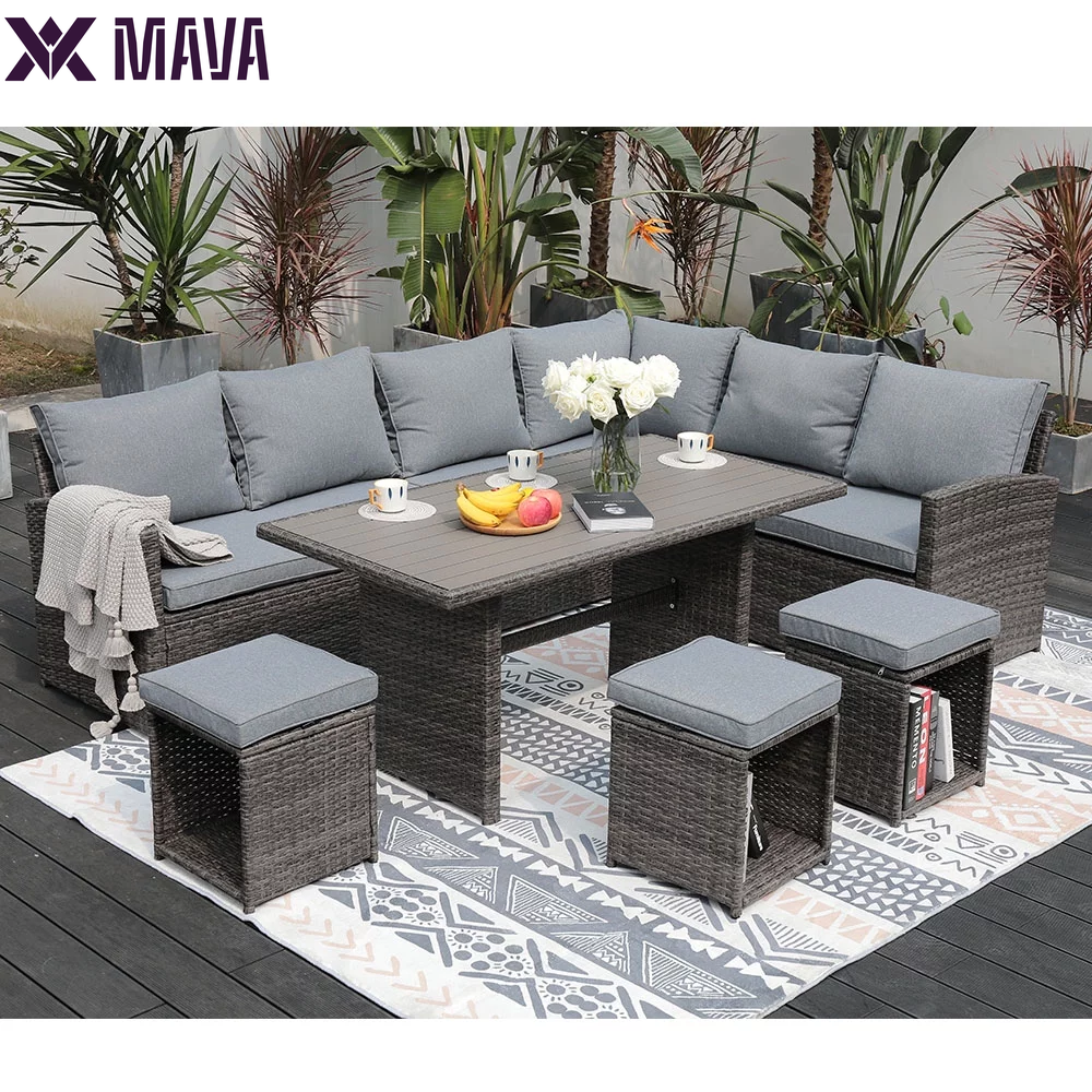 MAVA 7 Pieces PE Rattan Wicker Dining 9 Sofa Set, Outdoor Patio Furniture, Gray