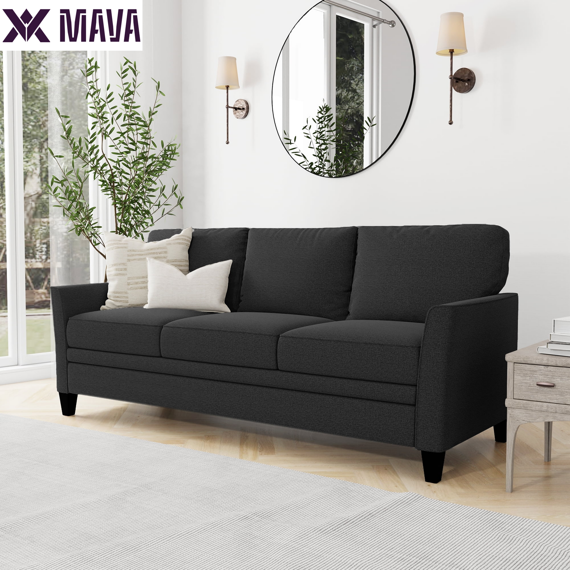 MAVA 3 Seat Classic Modern Sofa, Black