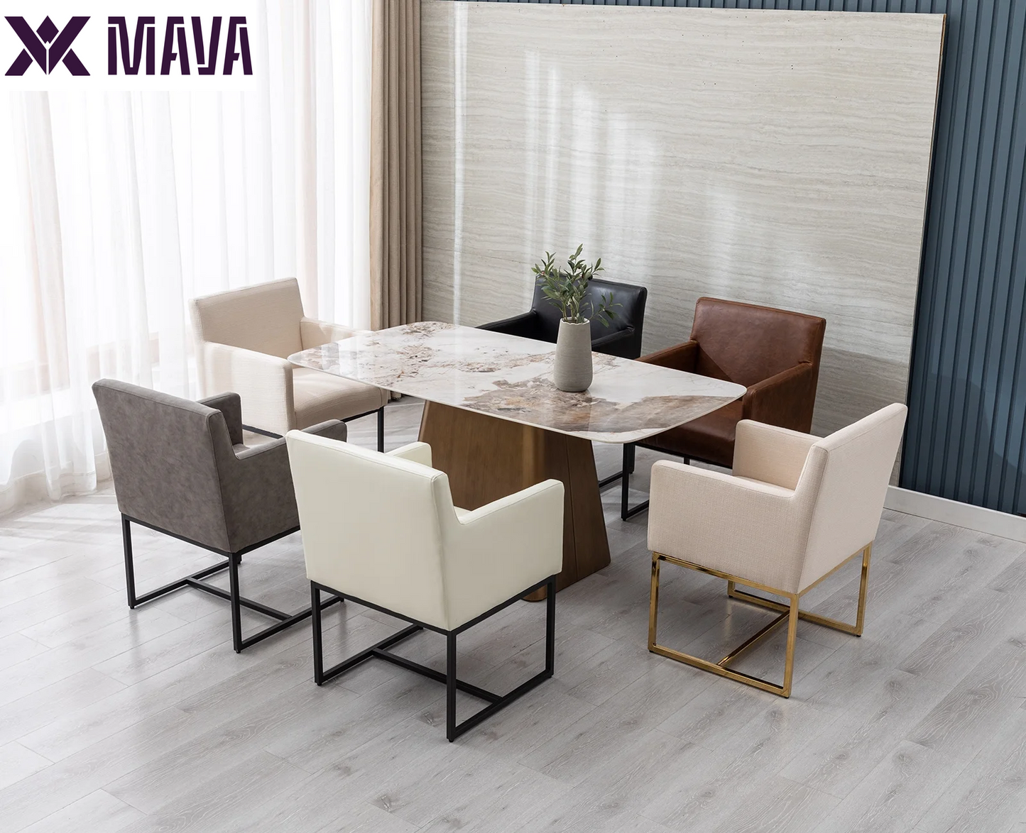 MAVA Modern Linen Upholstered Dining Chairs Set of 2, Kitchen Chairs with Arm and Gold Finish Metal Frame, Accent Armchair with Back for Living Room Dining Room Bedroom Reception Room, Cream