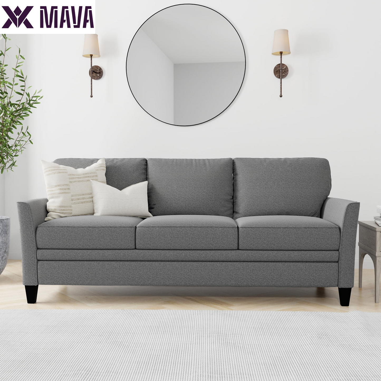 MAVA 3 Seat Classic Modern Sofa, Black