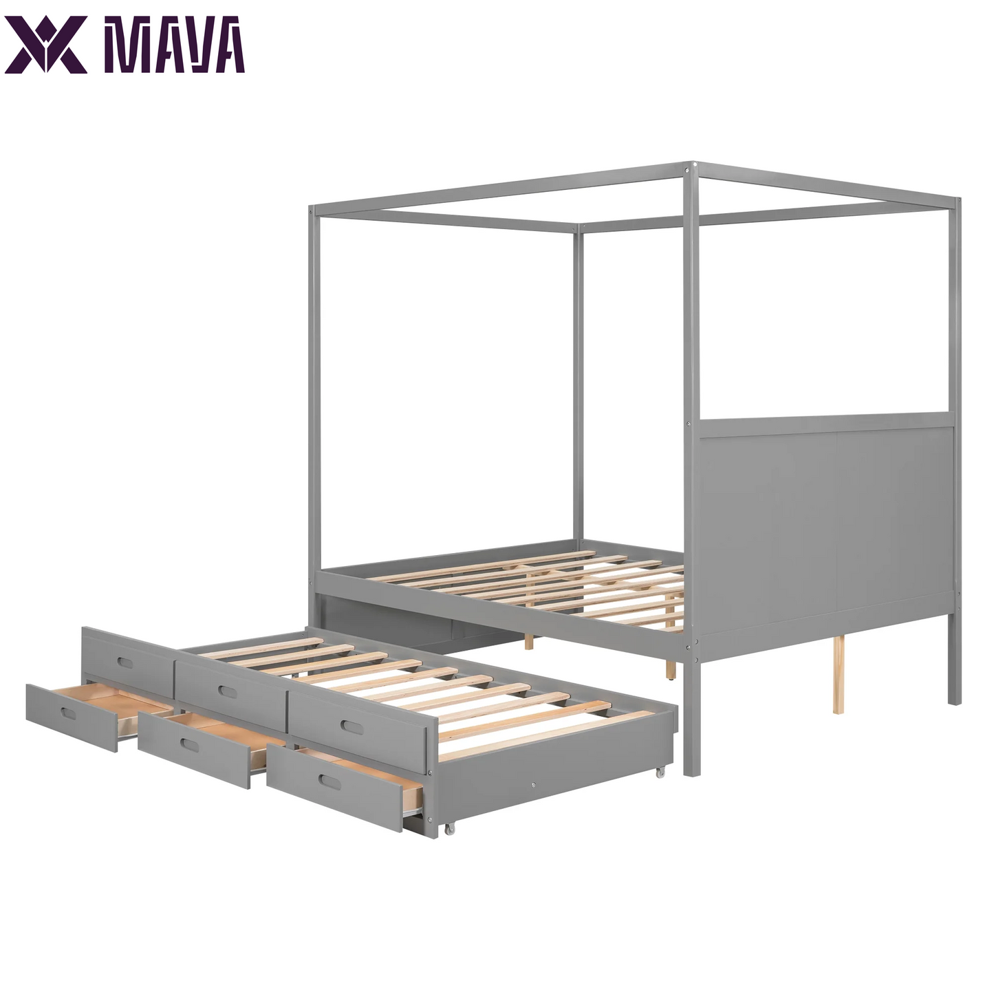 MAVA Queen Size Canopy Platform Bed with Trundle Bed and Drawers, Solid Wood Canopy Bed Frame with 3 Storage Drawers, Gray