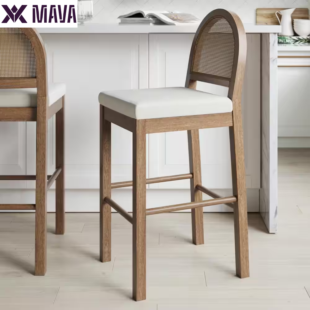 MAVA 19 In. Light Brown Natural Woven Rattan Back and Solid Wood, Legs Dining Chair with Padded Seat