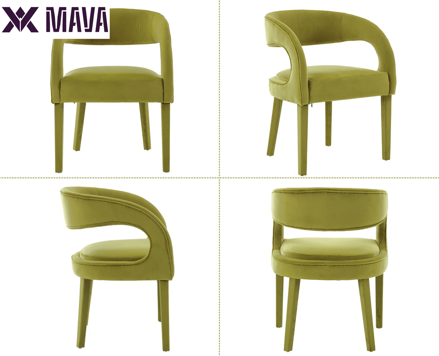 MAVA Modern Dining Chairs Set of 2, Velvet Upholstered Barrel Kitchen Chairs with Open Back, Lovely Dresser Chair, Comfy Dining Side Chairs for Dining Room Bedroom Living Room, Green