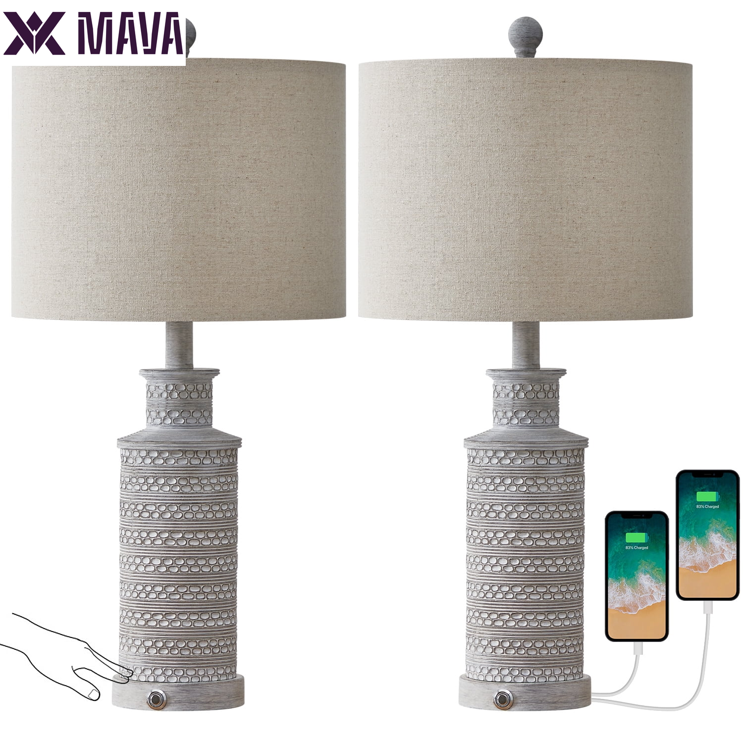 MAVA Dimmable Table Lamp Set of 2 with USB Ports for Bedroom Living Room 24.5"