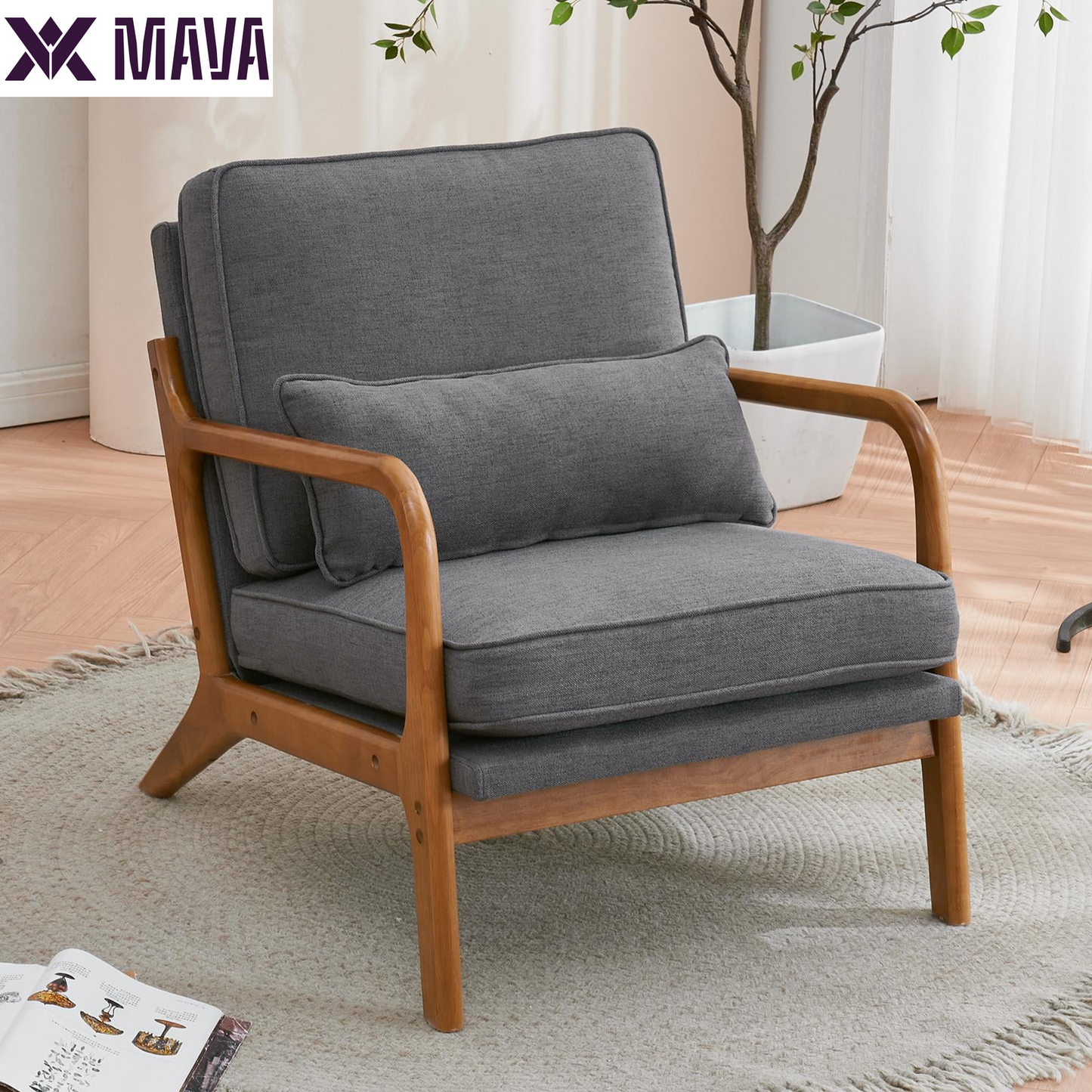 MAVA Modern Arm Chair Linen Fabric Upholstered Comfy Reading Accent Chair with Solid Wood Frame Beige