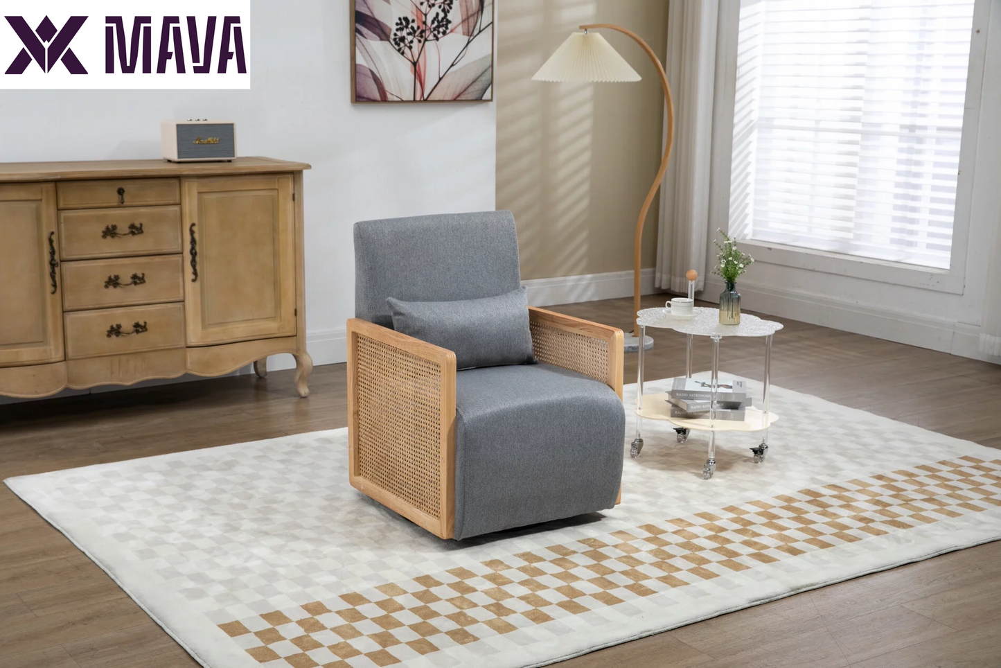 MAVA Swivel Barrel Chair, Modern Linen Accent Chair with Rattan Armrest, Upholstered Comfy Swivel Accent Chair