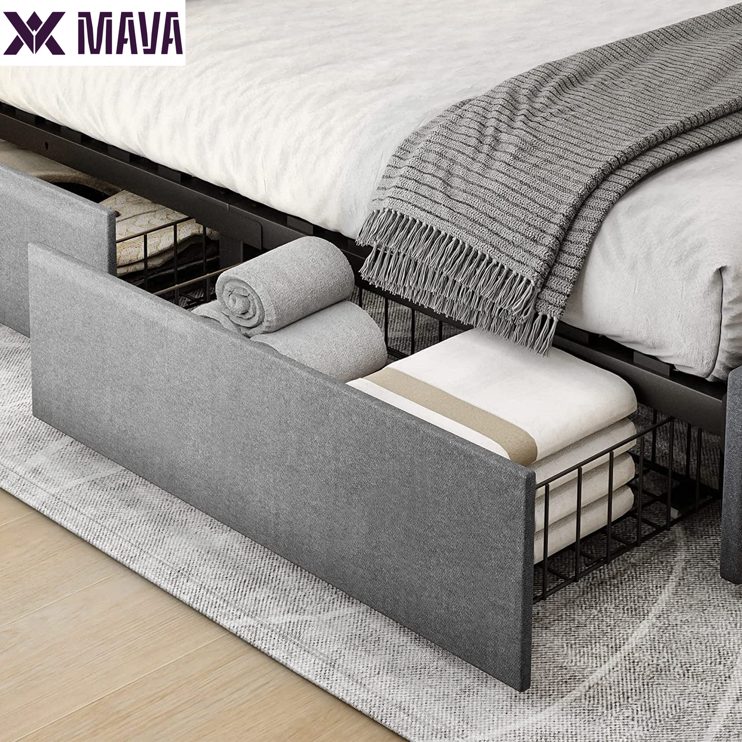 MAVA Upholstered Platform Bed Frame with 4 Storage Drawers and Adjustable Headboard, Mattress Foundation with Sturdy Wood Slat Support, No Box Spring Needed, Grey(Queen)