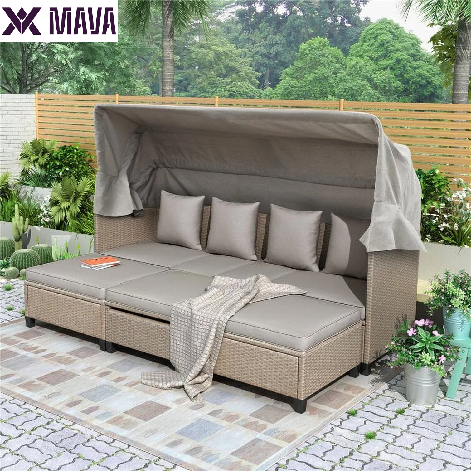 MAVA 4PCS Rattan Sectional Sofa Set Rattan Daybed,Outdoor Conversation Set,All-Weather Wicker with Retractable Canopy and Water Resistant Cushion,Furniture Couch Set for Patio,500Lbs per Seat