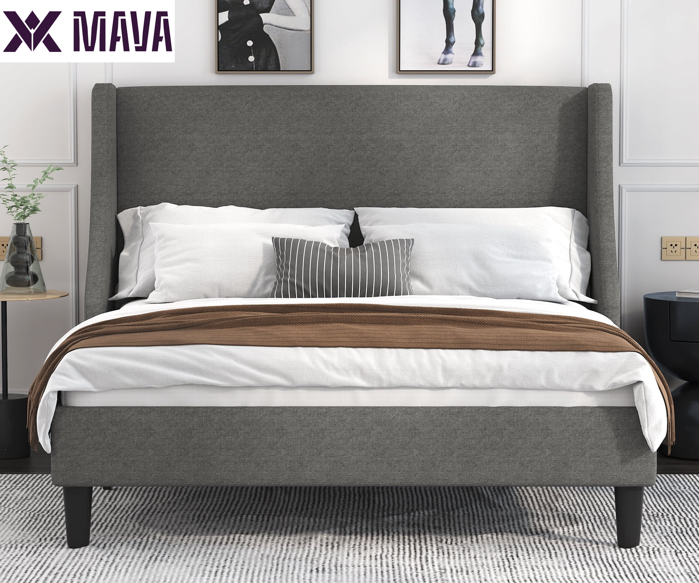 MAVA Queen Size Fabric Upholstered Platform Bed Frame with Wingback Headboard, Light Grey