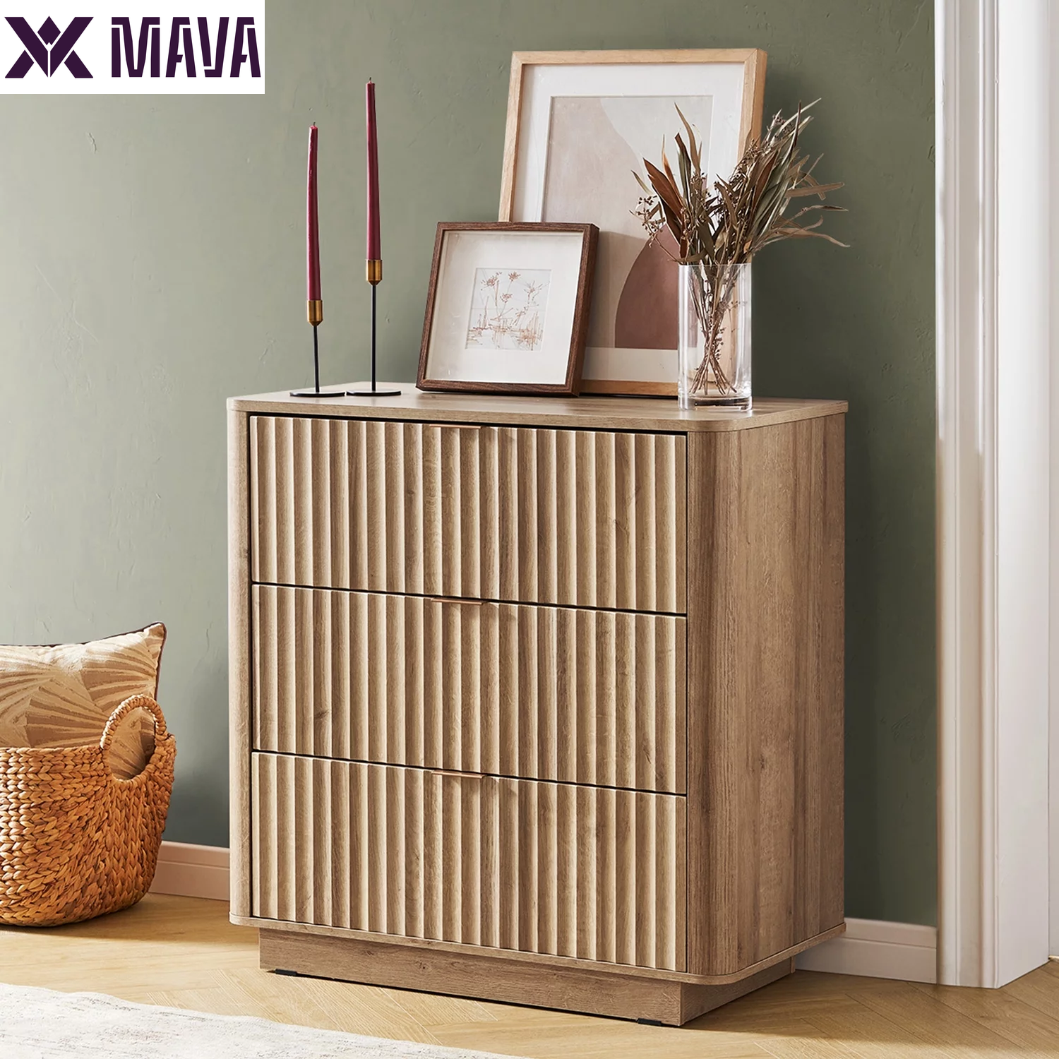 MAVA Mid-Century Modern Dresser / Credenza, Waveform Panel, 3 Drawers, Anti-Tipping (Oak)