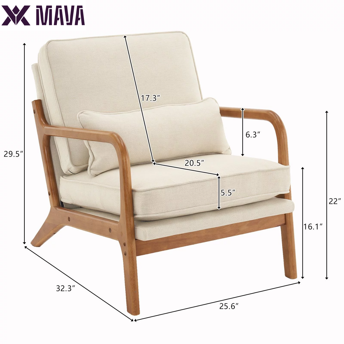 MAVA Modern Arm Chair Linen Fabric Upholstered Comfy Reading Accent Chair with Solid Wood Frame Beige