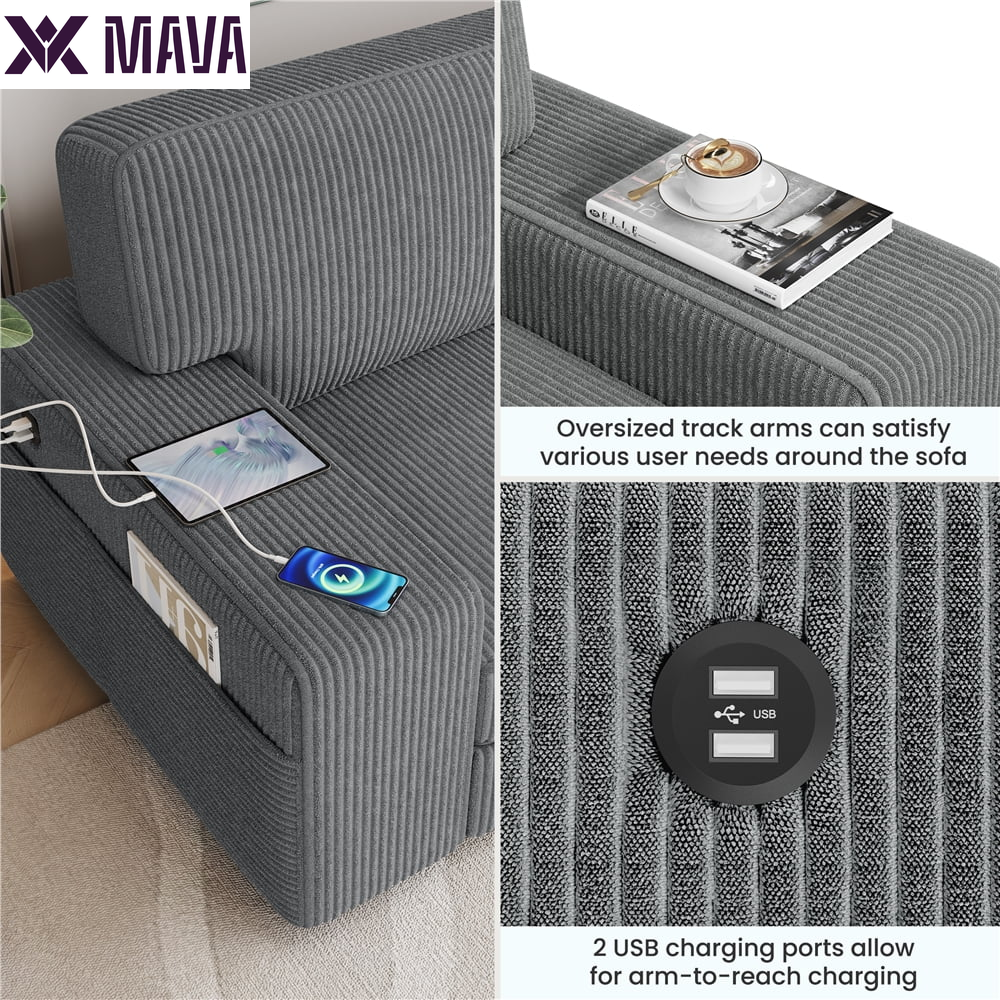 MAVA 2-Seater Sofa Couch with USB Charging Ports, Dark Gray