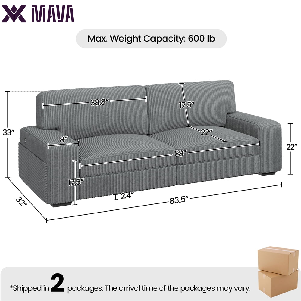 MAVA 2-Seater Sofa Couch with USB Charging Ports, Dark Gray