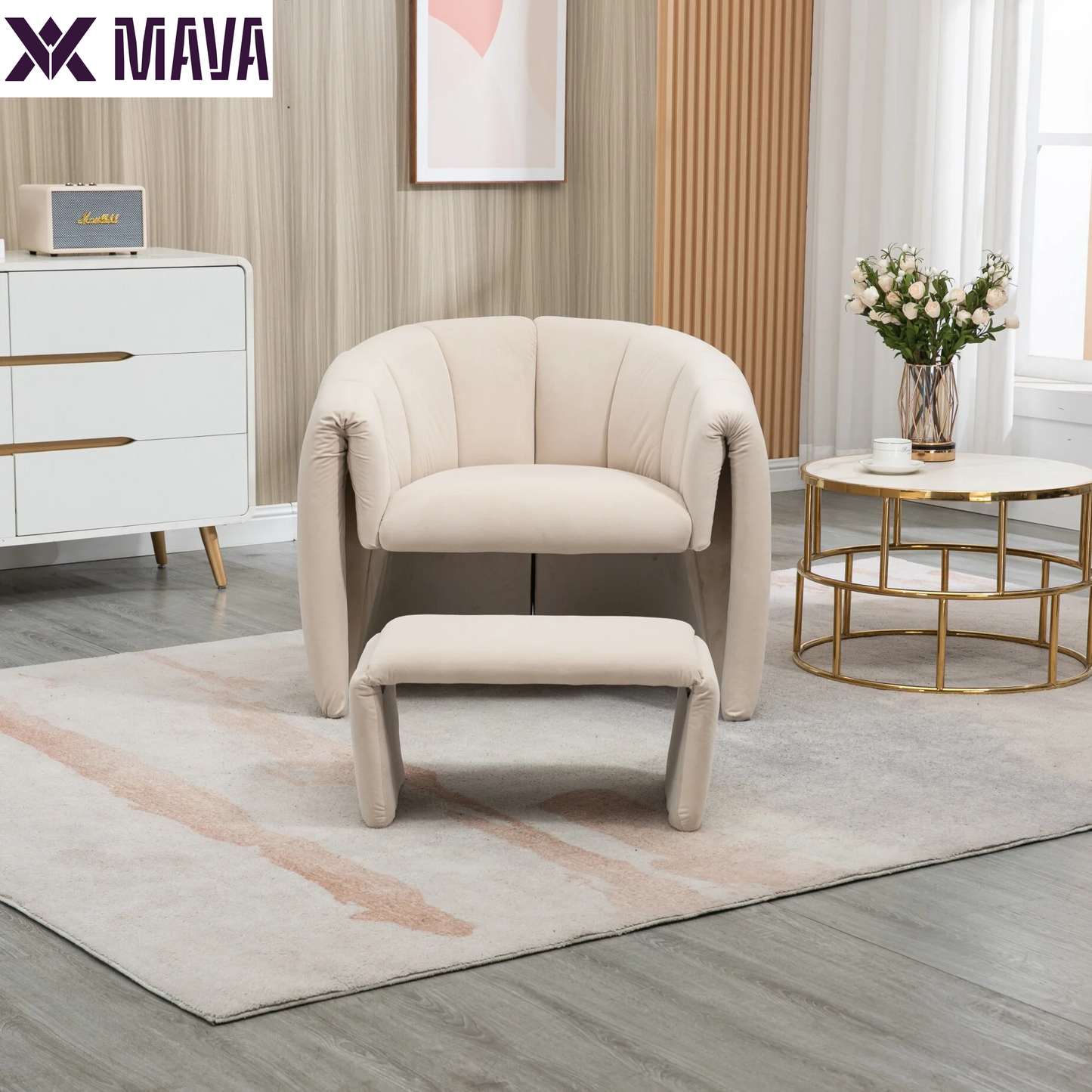 MAVA Modern Velvet Accent Chair with Ottoman, Upholstered Armchair with Wooden Frame