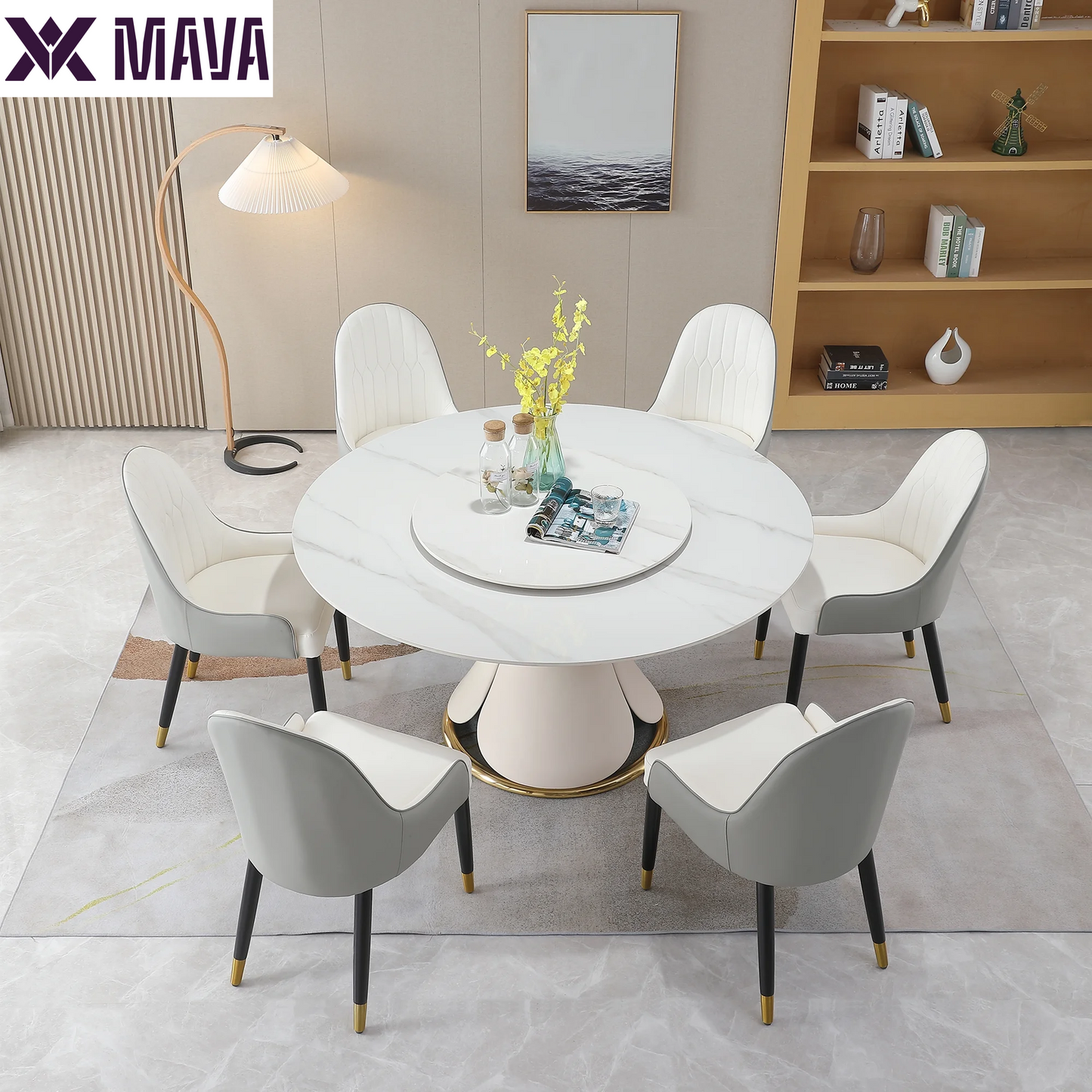 MAVA 59”  Sintered Stone round Kitchen Dining Table Set with 31.5” round Turntable for 6 People with Stainless Steel Base with 6 Chairs