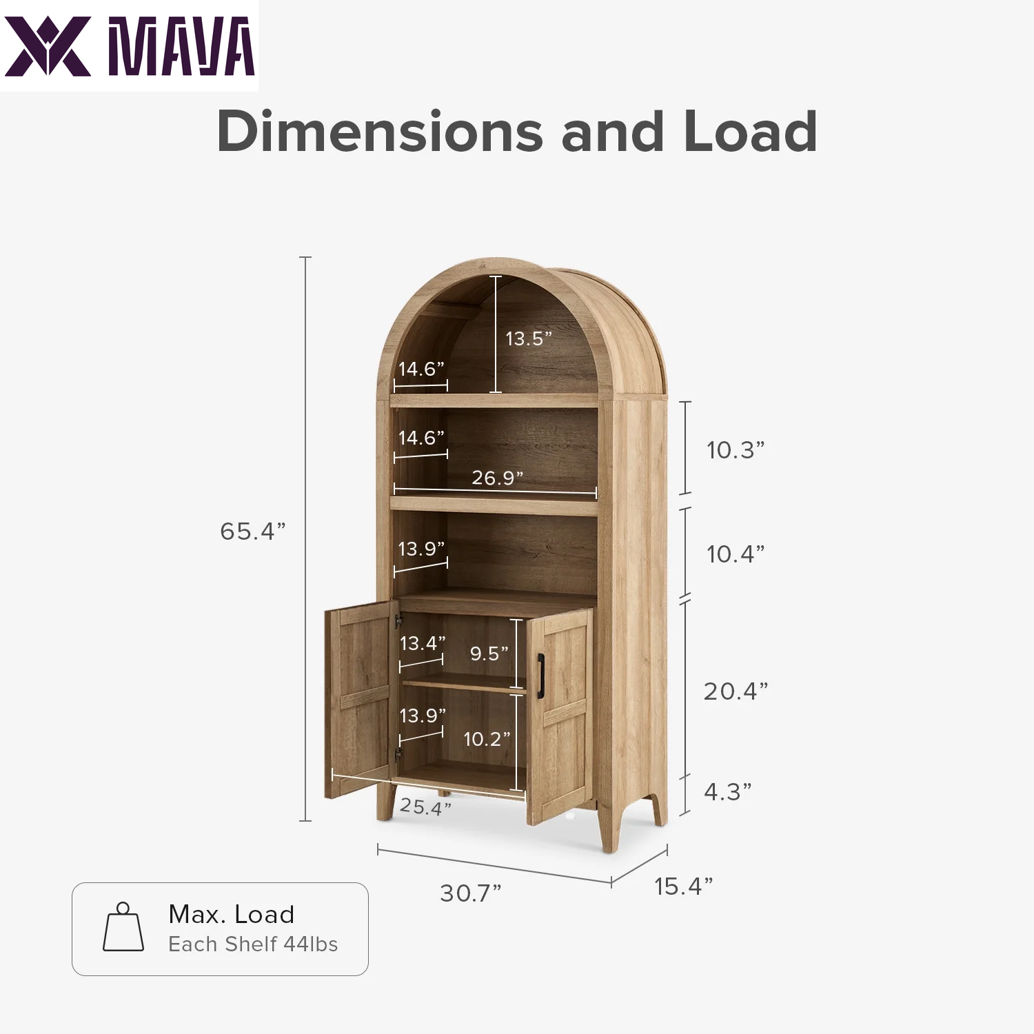 MAVA 65.4" Arched Cabinet, 5-Tier Arched Bookcase with Doors and Shelves, Arched Bookshelf with Storage, Kitchen Pantry Cabinet, Wooden Storage Cabinet for Living Room, Kitchen (Oak)