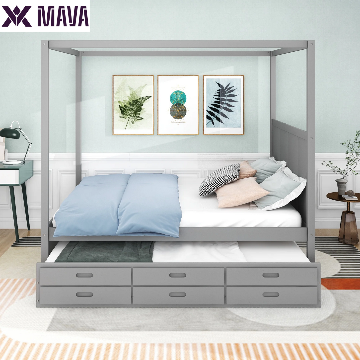 MAVA Queen Size Canopy Platform Bed with Trundle Bed and Drawers, Solid Wood Canopy Bed Frame with 3 Storage Drawers, Gray