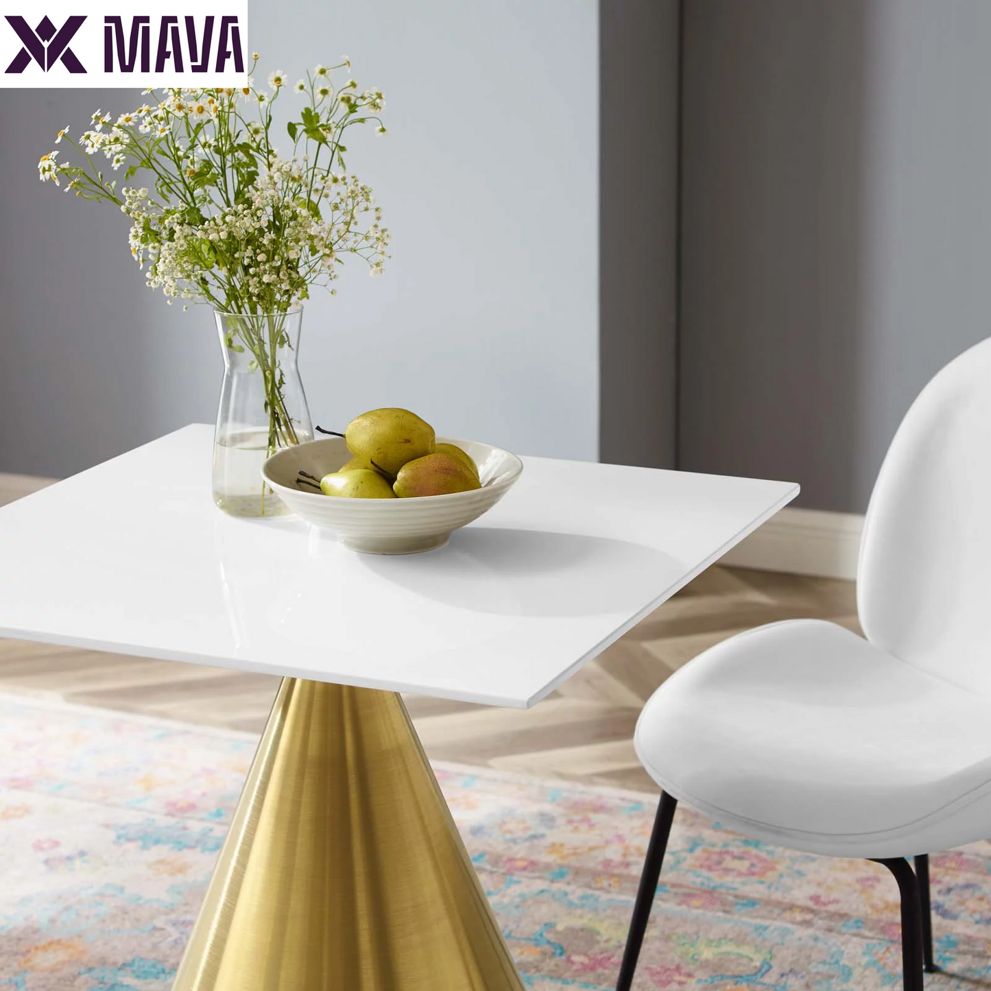 MAVA 28" Square Dining Table in Gold White