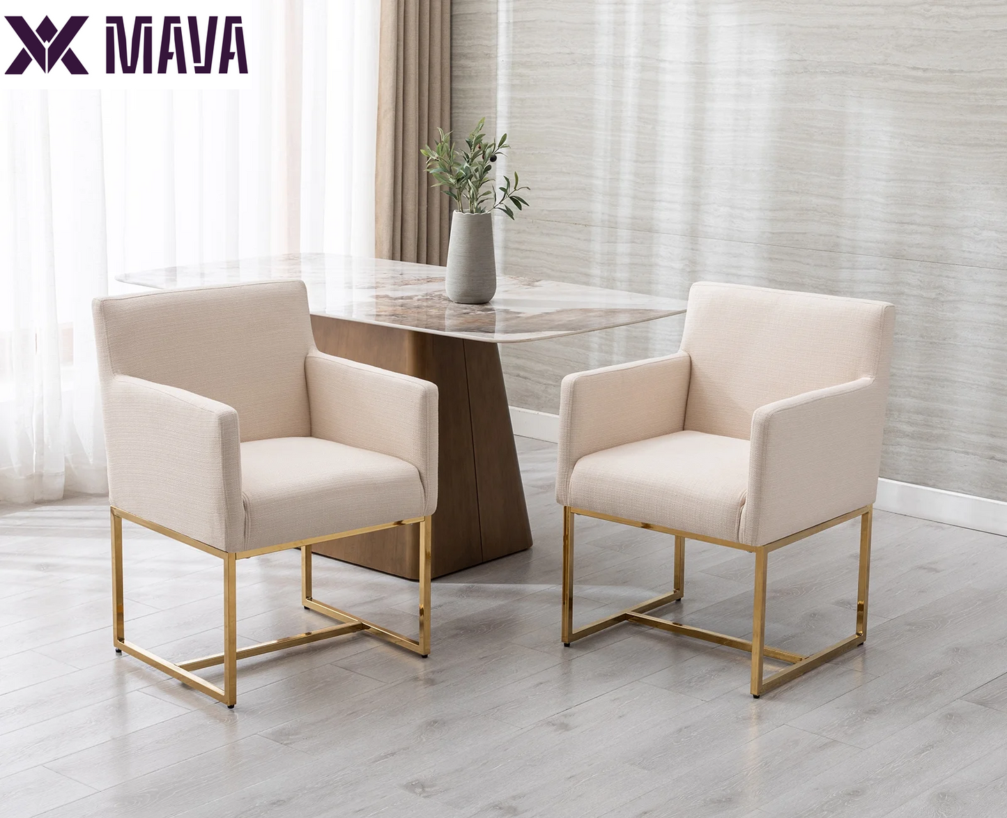 MAVA Modern Linen Upholstered Dining Chairs Set of 2, Kitchen Chairs with Arm and Gold Finish Metal Frame, Accent Armchair with Back for Living Room Dining Room Bedroom Reception Room, Cream