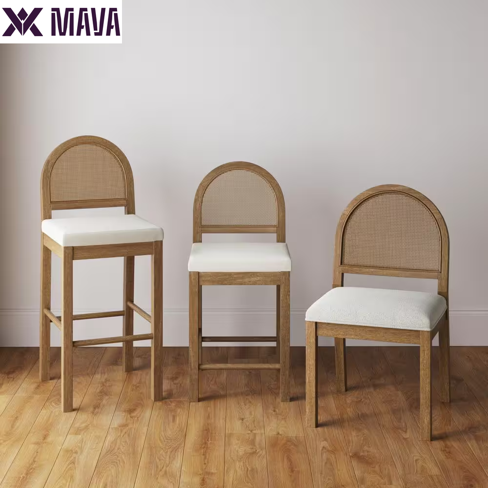 MAVA 19 In. Light Brown Natural Woven Rattan Back and Solid Wood, Legs Dining Chair with Padded Seat