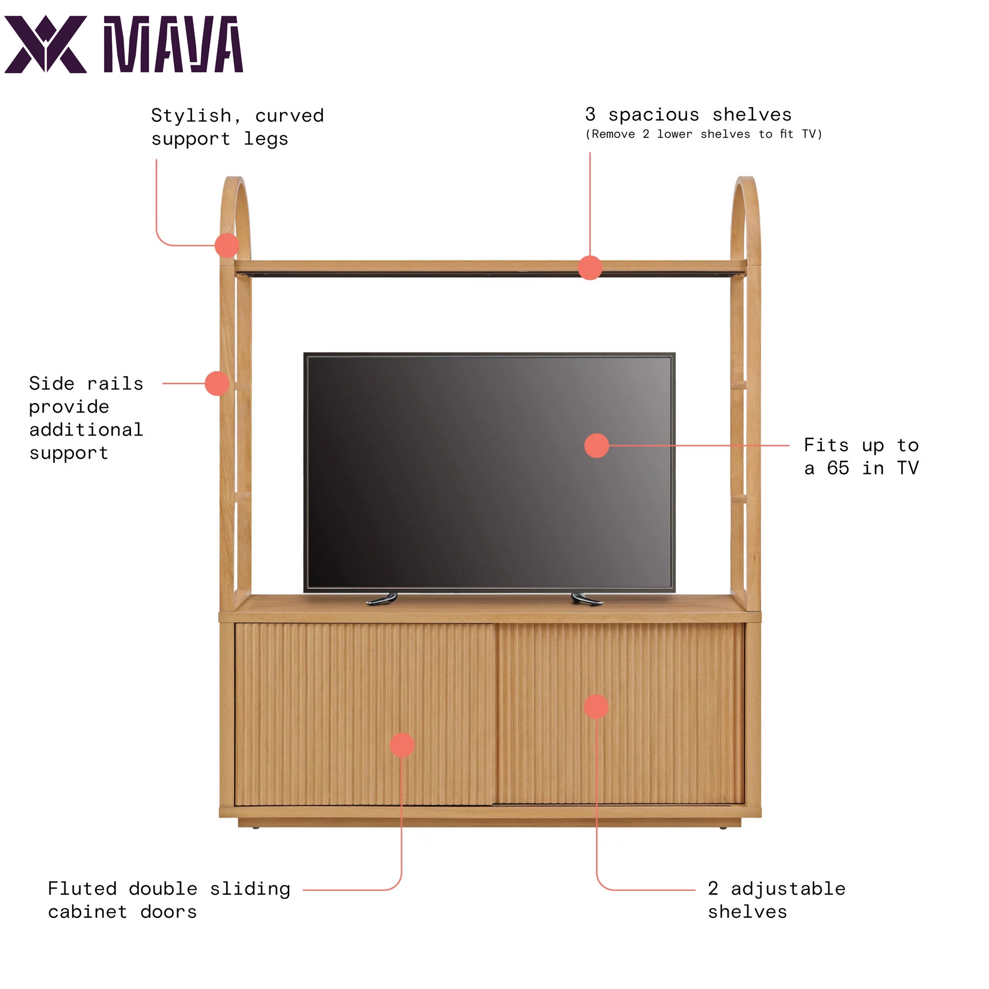 MAVA Large Bookcase Entertainment Center for Tv’S up to 65” by Drew Barrymore, Warm Honey Finish