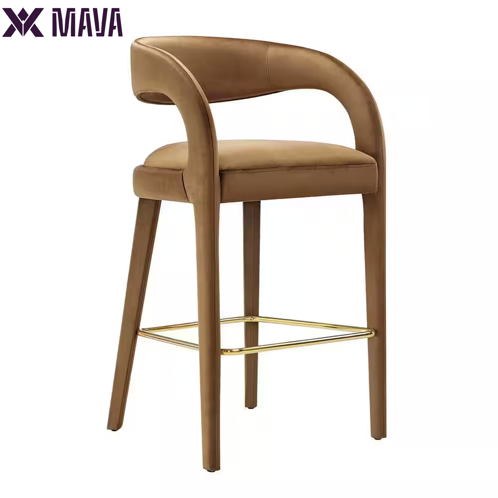 MAVA 30 In. in Brown Gold Rubber Wood Performance Velvet Bar Stool Set of 2