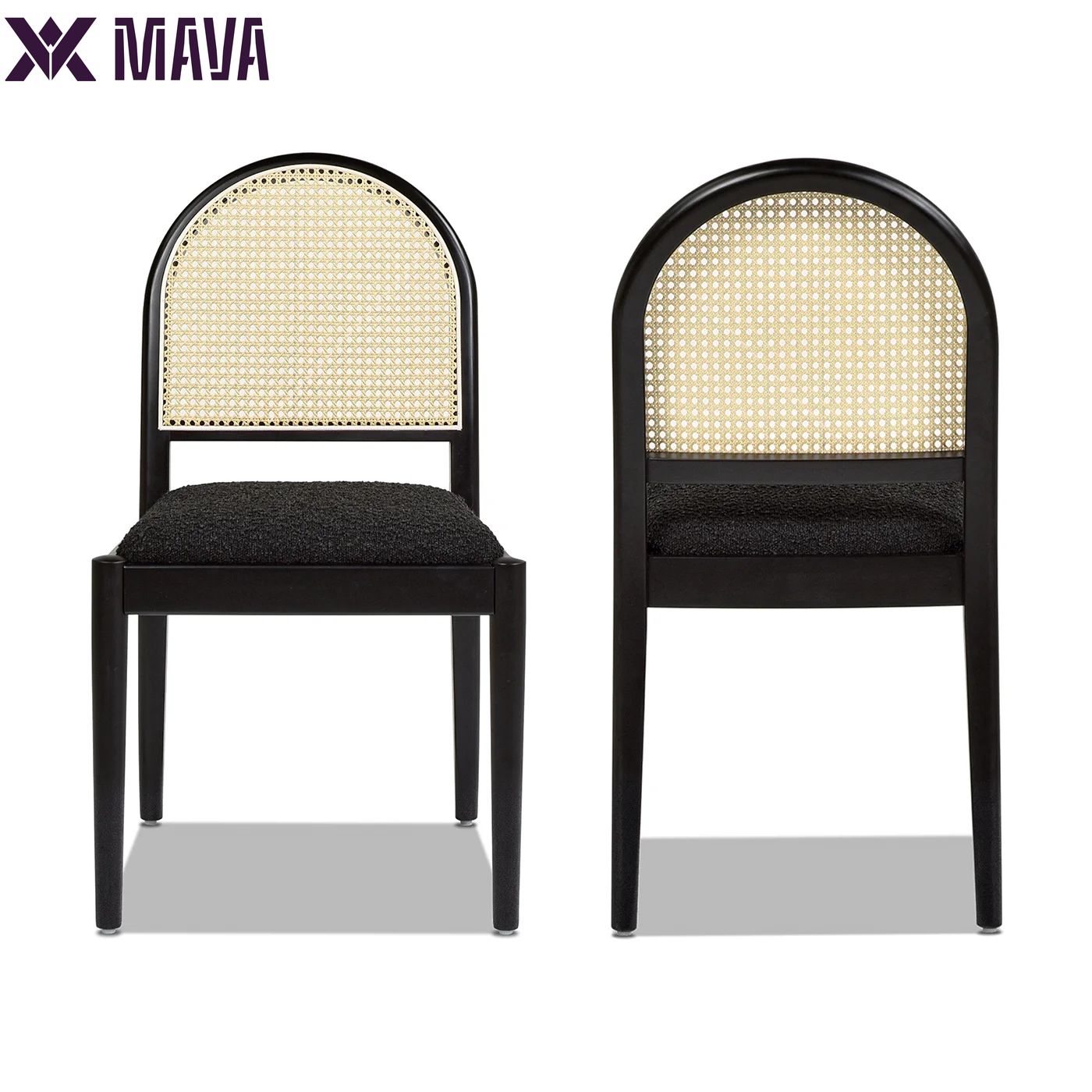 MAVA18.5" Curved Resin Cane Rattan Side Dining Chair, Set of 2, Ebony Black Boucle