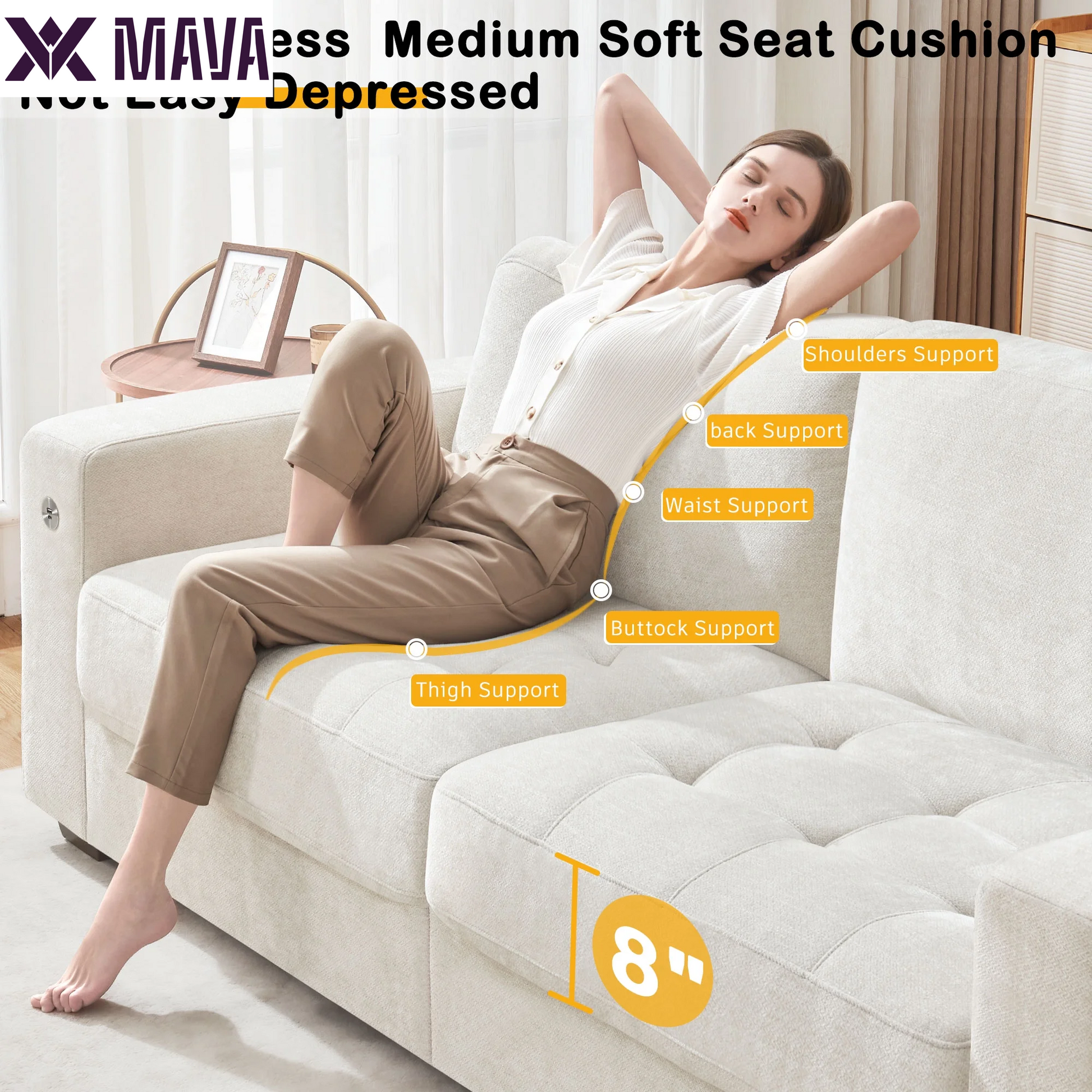 MAVA 89'' Comfy Sofa Couch for Living Room, Modern Deep Seat Couch with Wide Armrest, Removable Cover, Chenille Fabric Couches for Small Space, Apartment, 3 Seater(Beige)