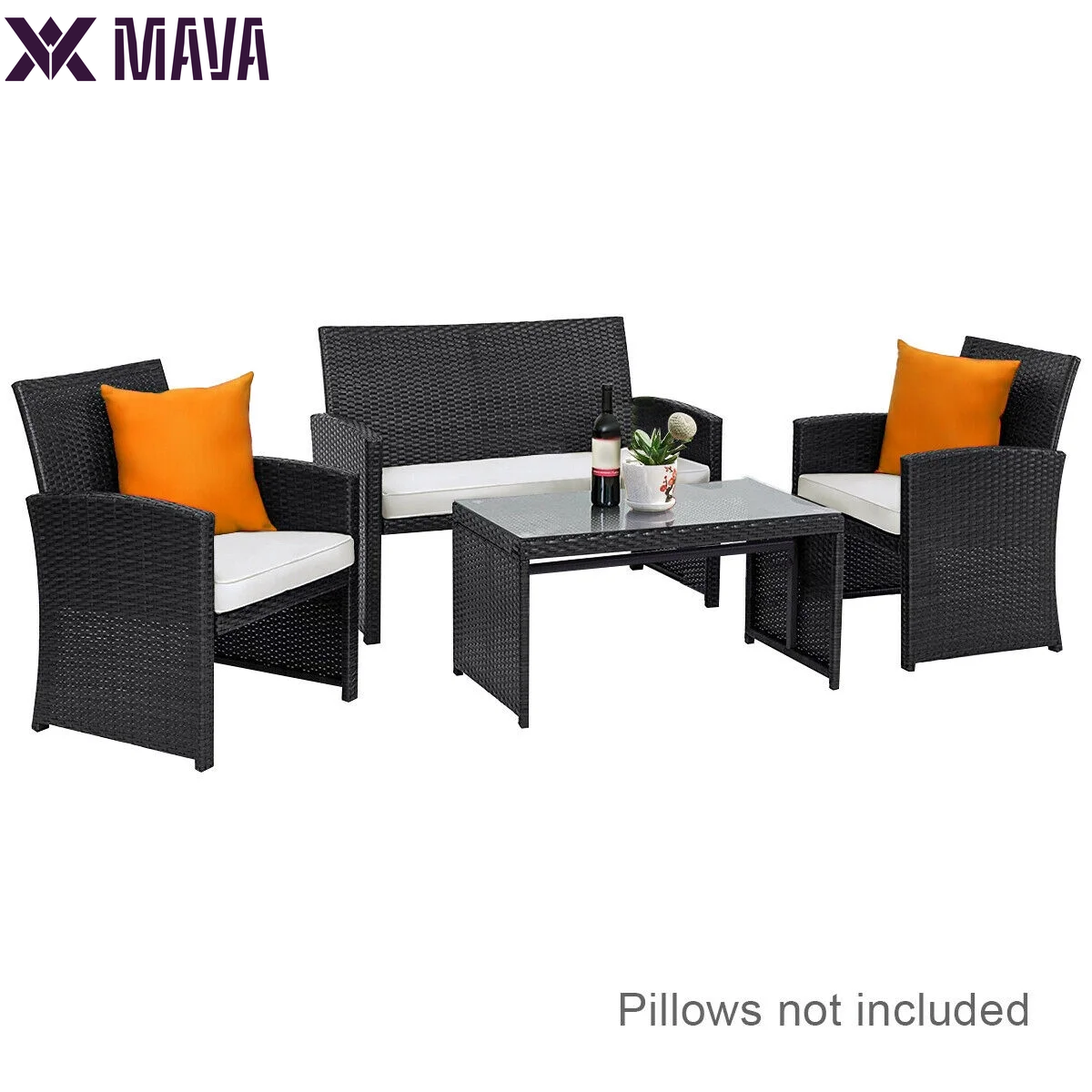 MAVA 4PCS Patio Rattan Furniture Conversation Set Cushioned Sofa Table Garden Black