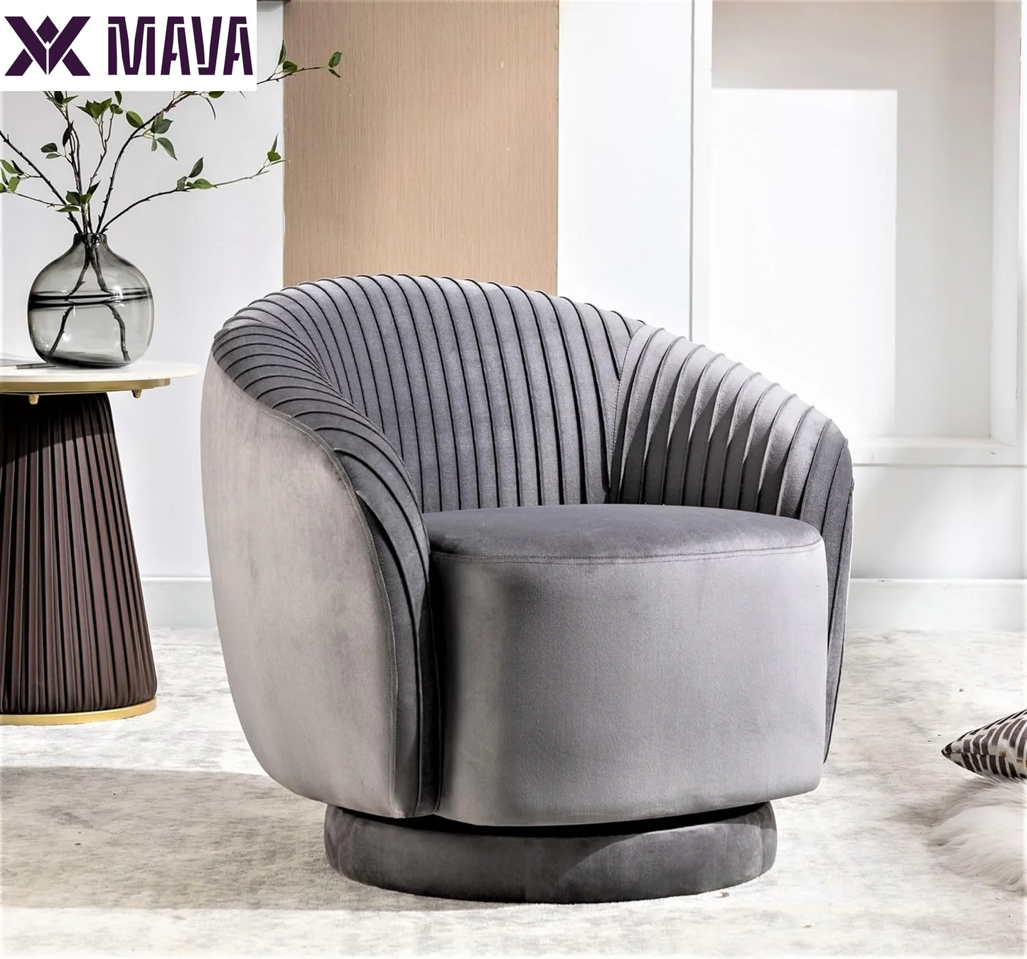 MAVA Modern Barrel Swivel Chair with Plush Velvet Upholstery and Smooth 360° Rotation