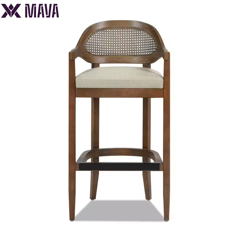 MAVA Americana 26 In. Mid-Century Modern Ivory White Cane Rattan Back Wood Frame Kitchen Counter Height Bar Stool