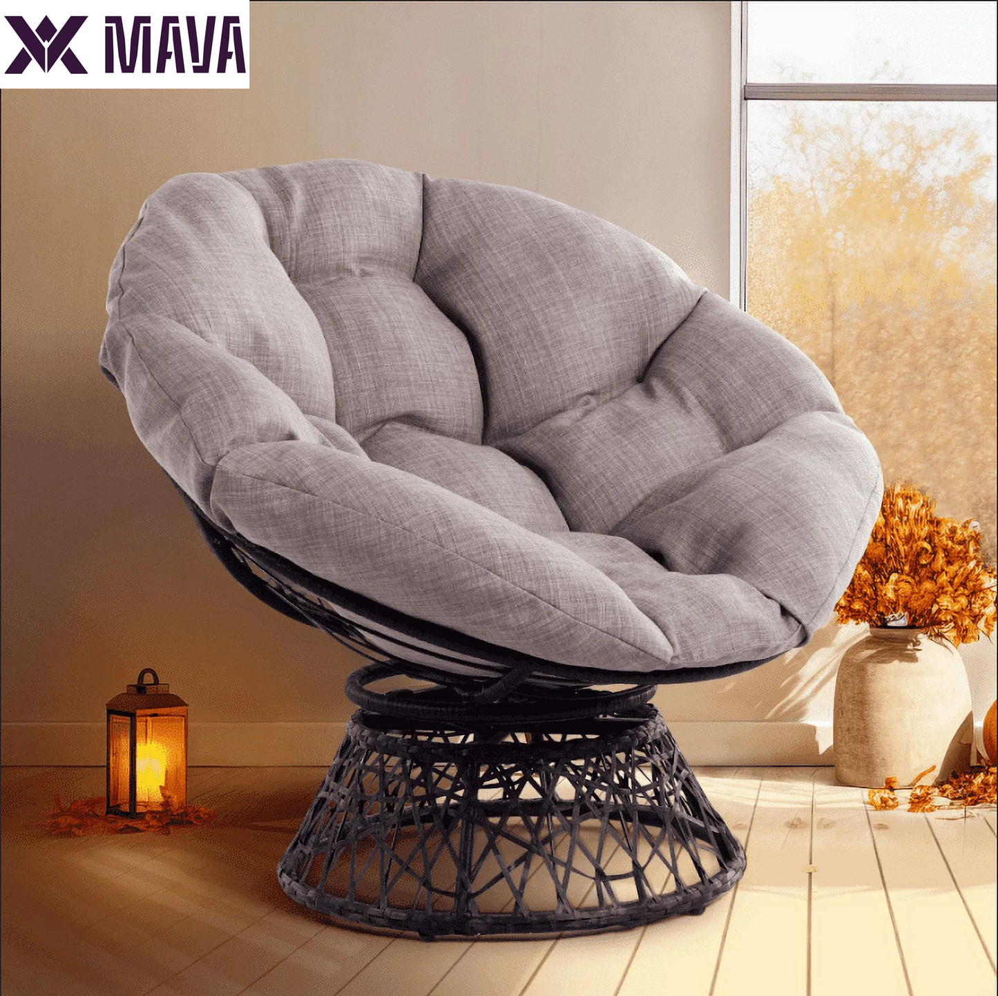 MAVA 360 Swivel Comfy Papasan Chair with Fabric Cushion, Pure Pearl - White Frame