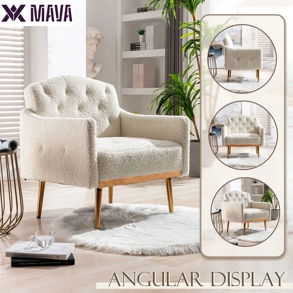 MAVA Modern Accent Chair, Upholstered Single Sofa Chair Sherpa Arm Chair for Living Room and Bedroom, Comfy Armchair with Metal Legs, White