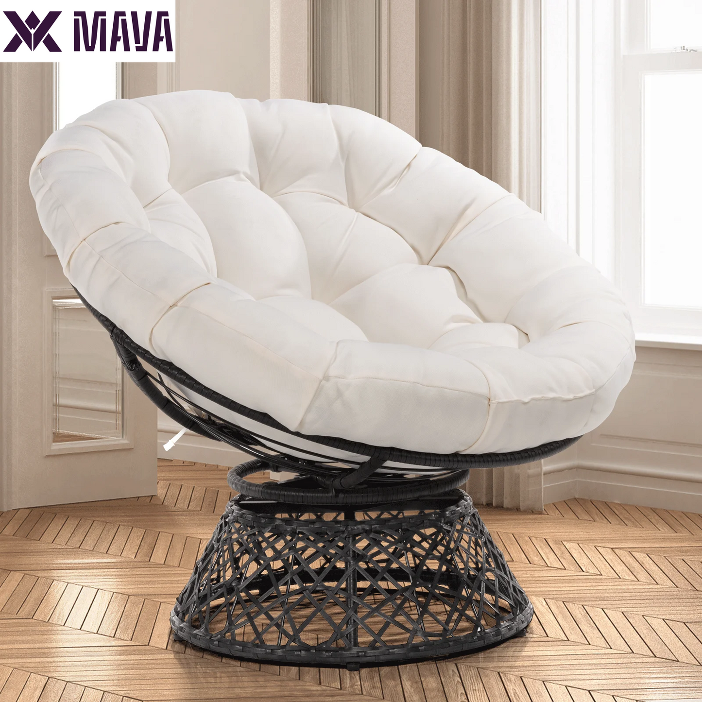 MAVA 360 Swivel Comfy Papasan Chair with Fabric Cushion, Pure Pearl - White Frame