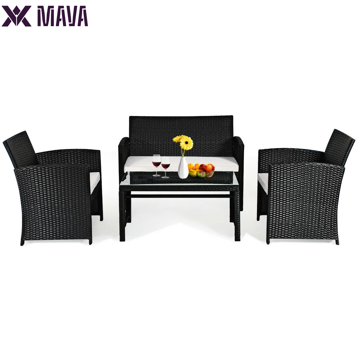 MAVA 4PCS Patio Rattan Furniture Conversation Set Cushioned Sofa Table Garden Black