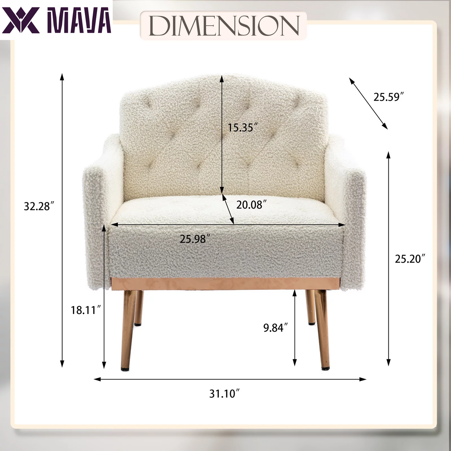 MAVA Modern Accent Chair, Upholstered Single Sofa Chair Sherpa Arm Chair for Living Room and Bedroom, Comfy Armchair with Metal Legs, White