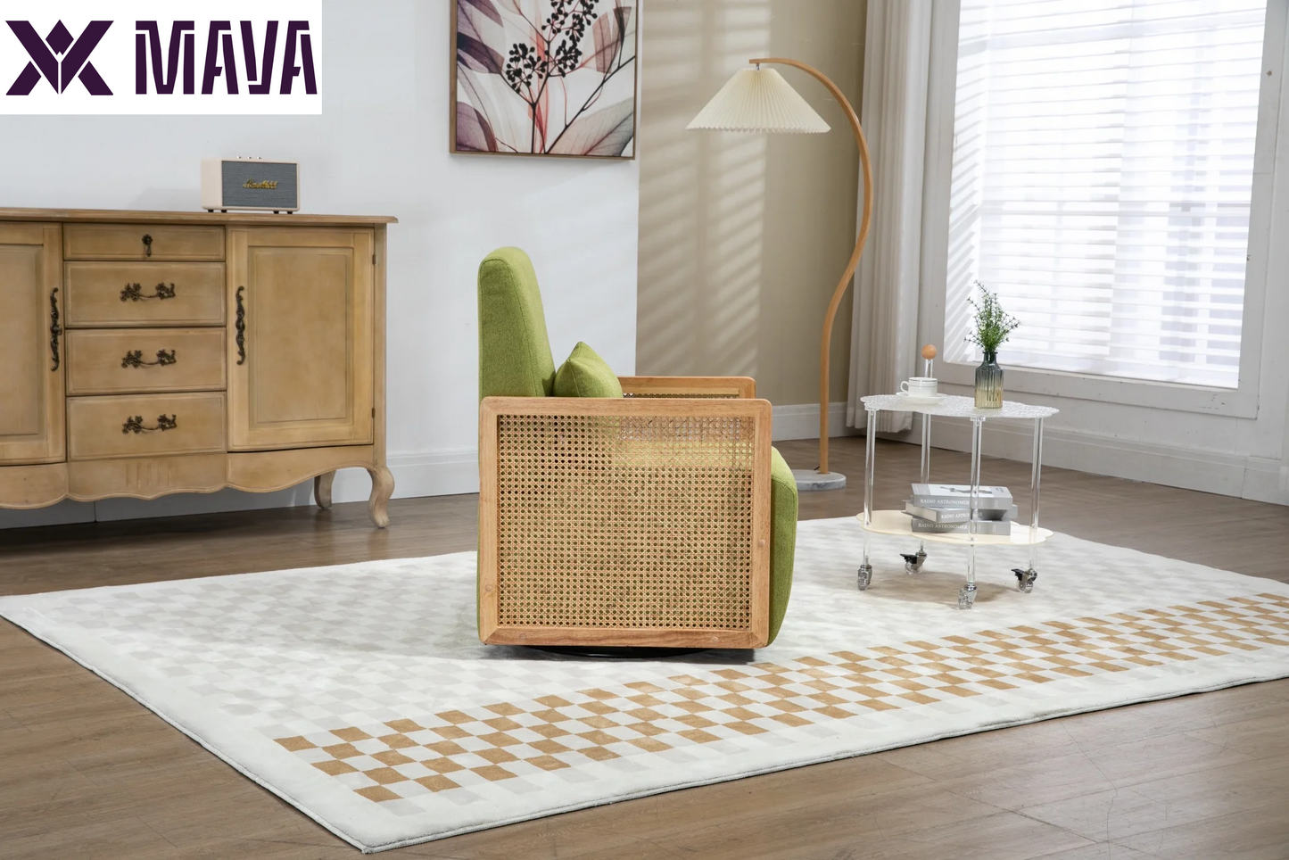 MAVA Swivel Barrel Chair, Modern Linen Accent Chair with Rattan Armrest, Upholstered Comfy Swivel Accent Chair