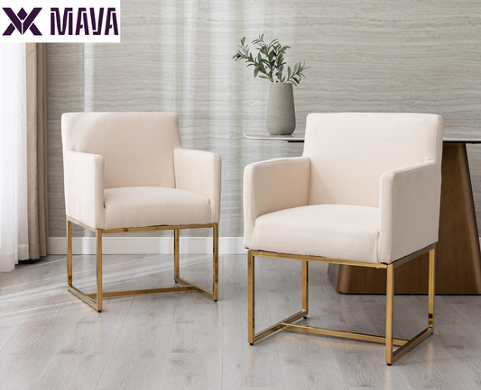 MAVA Modern Linen Upholstered Dining Chairs Set of 2, Kitchen Chairs with Arm and Gold Finish Metal Frame, Accent Armchair with Back for Living Room Dining Room Bedroom Reception Room, Cream