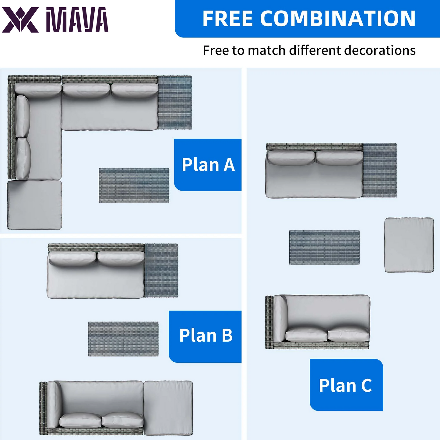 MAVA 4 Pieces Patio Furniture Set, All Weather Outdoor PE Rattan Sectional L-Shaped Wicker Conversation Sofa Chair with Coffee Table & Grey Cushions