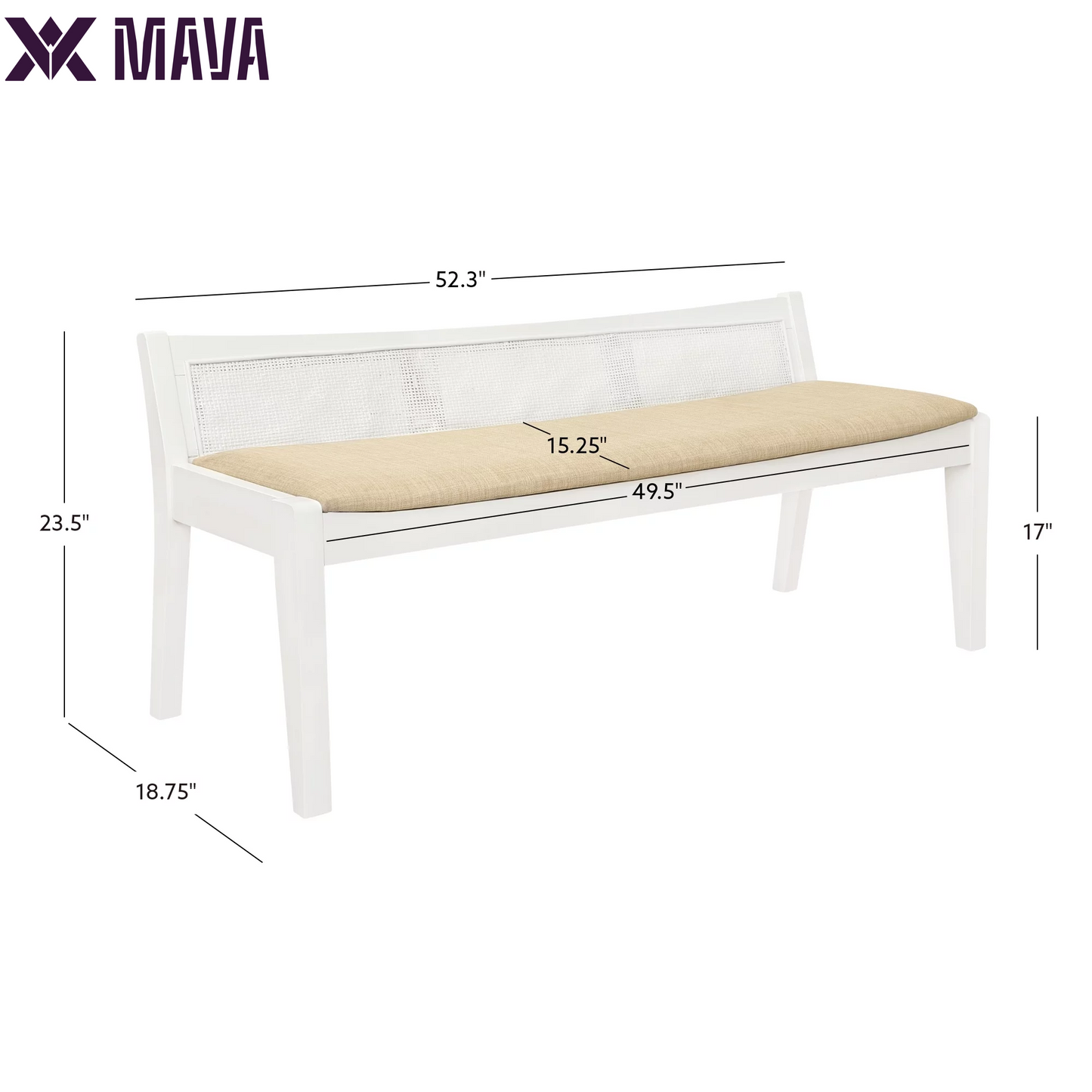 MAVA Bench with Rattan Cane Back, White