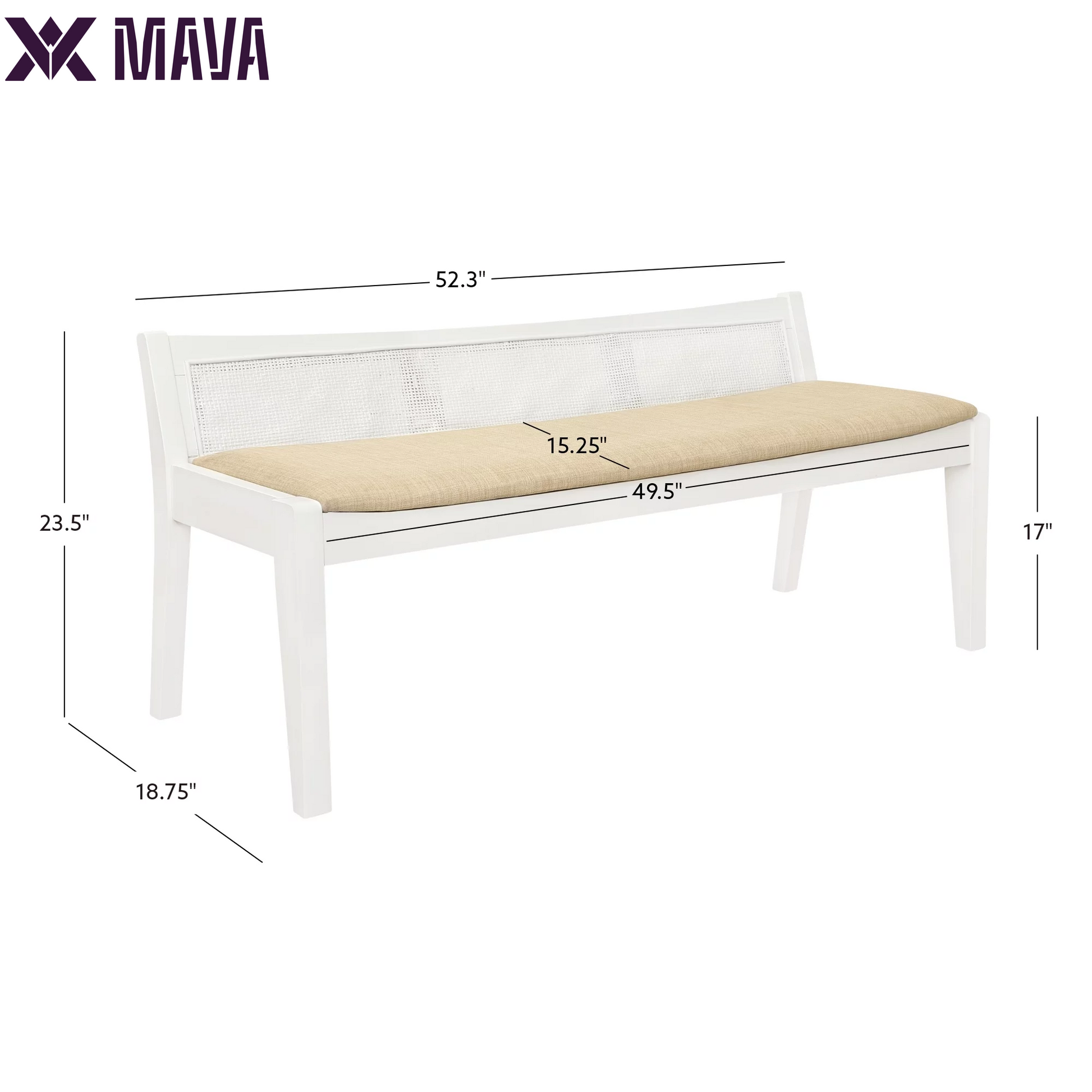 MAVA Bench with Rattan Cane Back, White