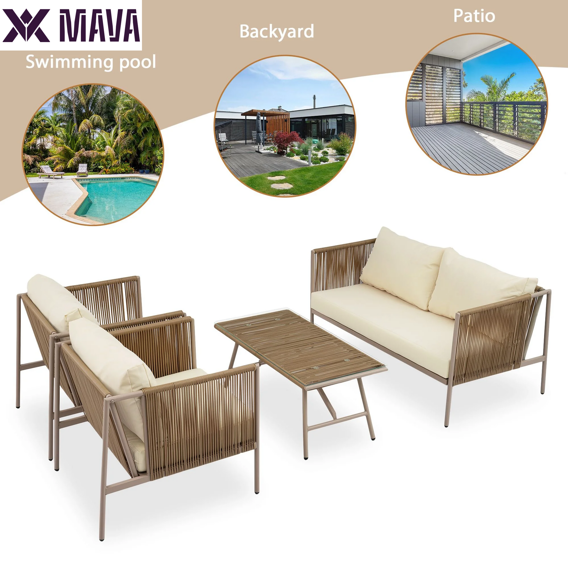 MAVA 4 Person Rope Outdoor Furniture Set 4 Pieces Patio Metal Conversation Sets Patio Sectional Sofa Set with Thick Cushions, Loveseat and Glass Table(Beige)