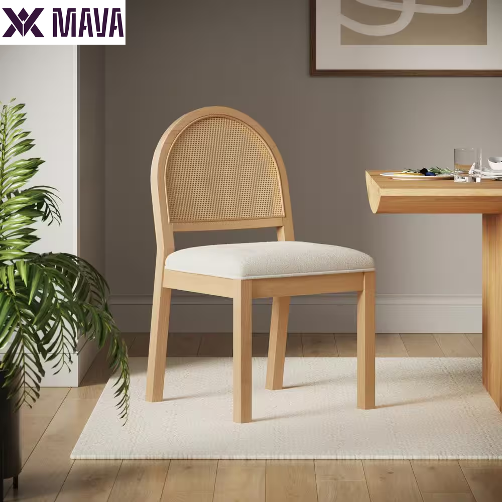 MAVA 19 In. Light Brown Natural Woven Rattan Back and Solid Wood, Legs Dining Chair with Padded Seat