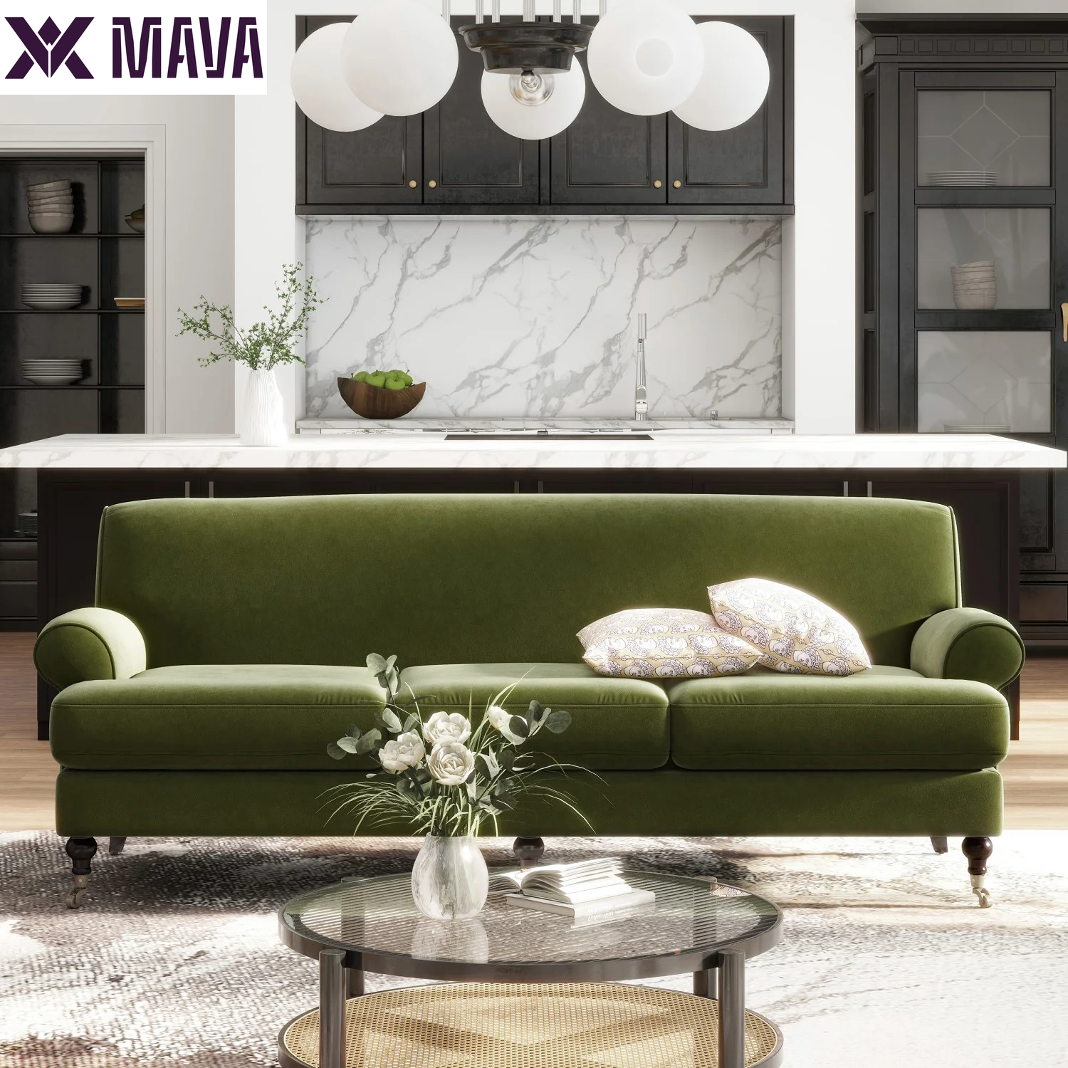 MAVA Arm Sofa Metal Casters Olive Green