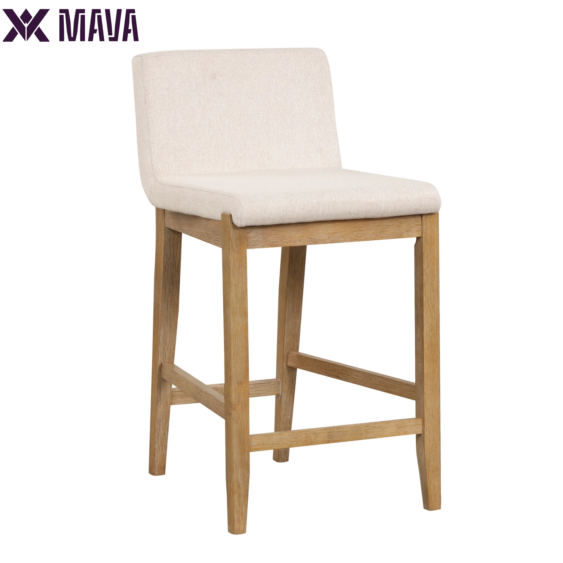 MAVA Modern Counter Height Bar Stool with Back, Counter Stool Upholstered Chair with Natural Flax White Fabric and Brushed Wooden Legs