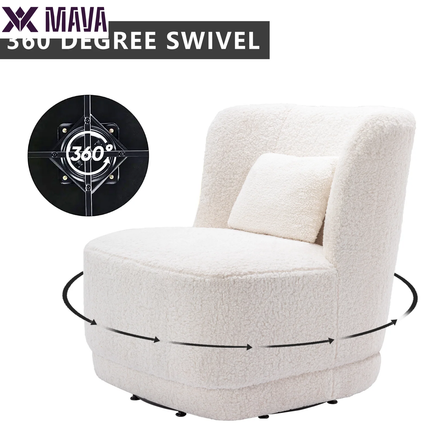 MAVA Swivel Accent Chair, Modern Teddy Fabric Upholstered 360°Swivel Barrel Chair Leisure Chair, Comfy Single Sofa Chair with Pillow, Reading Chair for Living Room Bedroom Office Lounge, White